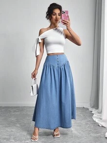 Elenzga 女式休闲高腰飘逸下摆加长牛仔裙 - 藍色 - 查看 5