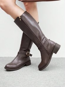 CUCCOO BIZCHIC 女式圆头厚底咖啡色侧拉链及膝靴，休闲通勤百搭平底高筒靴 - 咖啡棕 - 查看 4