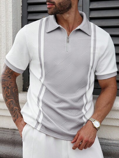 Manfinity CasualCool Plus Size Men's Zipper Design Striped Short Sleeve Casual Polo Shirt