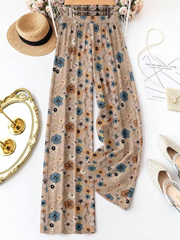 EMERY ROSE Plus Size Women Floral Print Elastic Waist Wide Leg Loose Pants