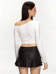 INAWLY Women's Elegant Asymmetric Collar Cropped T-Shirt, Suitable For Commuting Fall Cloth For Women - White - View 3
