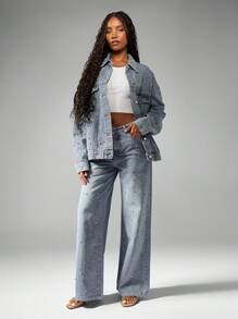 MISSGUIDED Studded Wide Leg Statement Jeans Festival Embellished Distressed Vintage Y2K Style Rhinestone Denim Pants Dance Party Occasion - Baby Blue - View 5