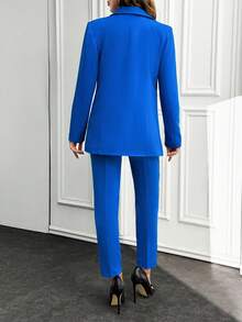 EURMUSE Ensemble veste et pantalon de couleur unie à la mode pour les déplacements quotidiens - Bleu marine - Voir 2