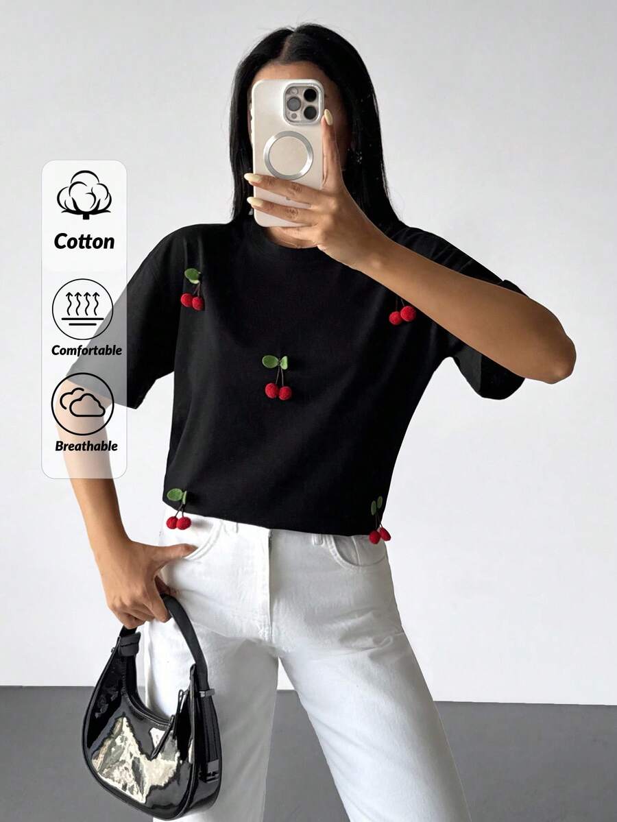 SHEIN Maglietta a tinta unita con dettagli di ciliegie