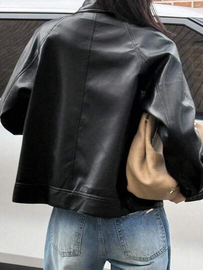 Women's Casual Solid Color PU Jacket, Autumn Leather Jacket Women Coats