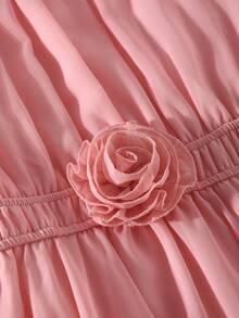 Tween Girls' Elegant Light Pink Summer Wedding Midi Dress,Stand Collar Flutter Sleeve Cinched Waist Asymmetric Hem Chiffon 3D Flower Decor Dress - Pink - View 5