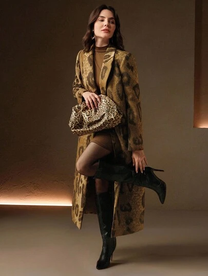 Brown Animal Leopard Print Single-Breasted Notched Collar Long Sleeve H-Line Long Overcoat