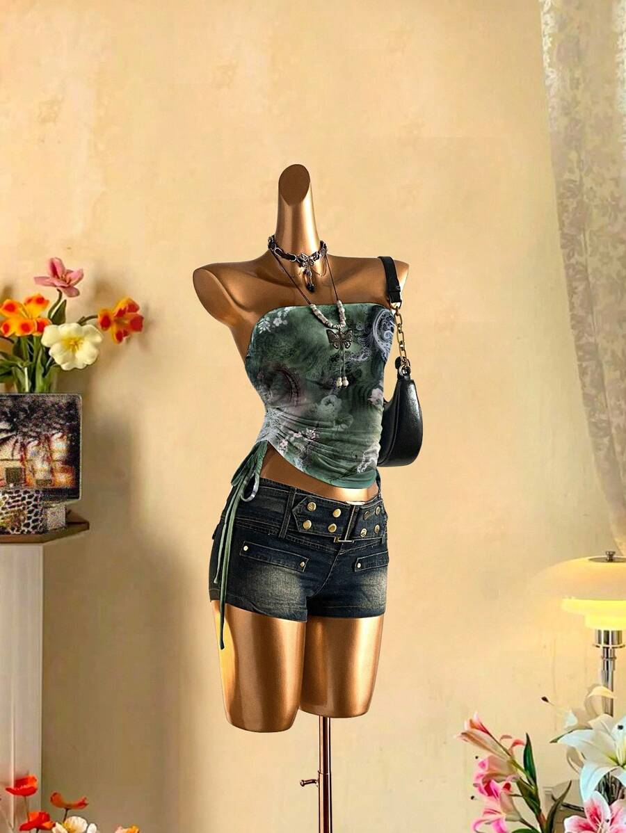 Attitoon Women's Vintage Print Ruched Tie Front Bandeau Top Goth Suitable For Going Out - Blue and White - View 1