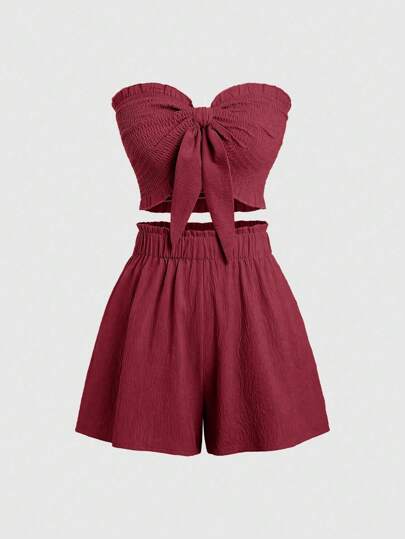 Sweetra 2 件套女士纯色扭纹前抹胸短裤套装，度假装