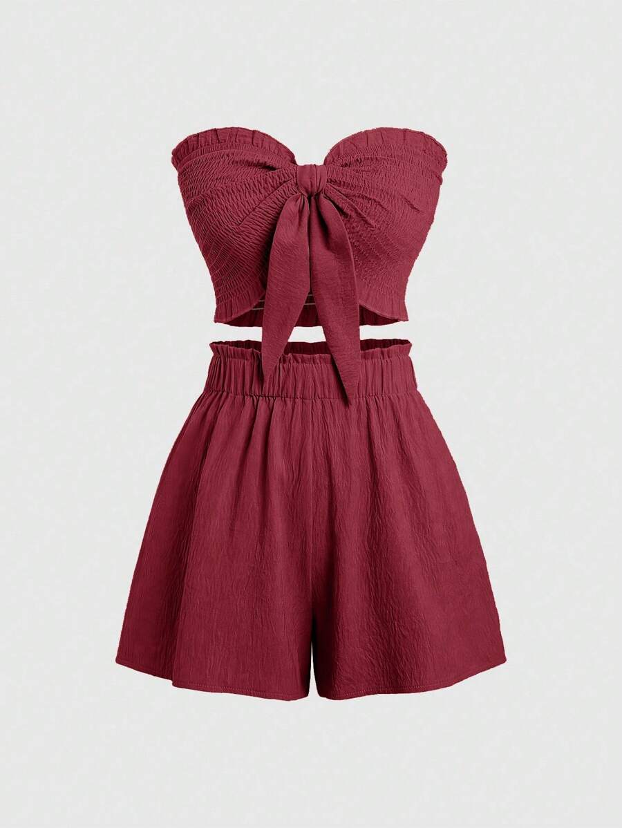 Sweetra Conjunto de 2 piezas con top tubo y shorts de unicolor con nudo adelante, ropa de resort - Burdeos - Ver 1