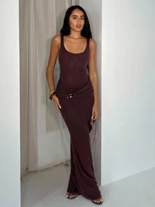 Glamine Elegant Winter Chocolate Brown Metal Accessories Fake Belt Design Sexy Charm Ladies Autumn And Winter Retro Fashion Christmas Party Dress Brown Bodycon Dress Long Brown Dress Brown Knit Dress Brown Midi Dress Brown Tank Dress - Chocolate Brown - View 4