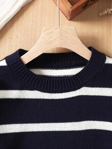 SHEIN 青少年女孩休闲宽松拼色条纹圆领套头衫 - 藍白色 - 查看 3