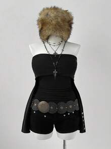 Sunspun Áo thun bodycon tay dài hở vai tối giản gợi cảm màu trơn - màu đen - Xem 7