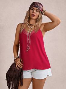 Freevana Plus Size Women Casual Lace Trim Solid Color Camisole