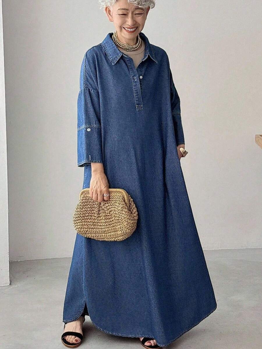 FRIFUL 女式纽扣半襟落肩宽松休闲牛仔连衣裙