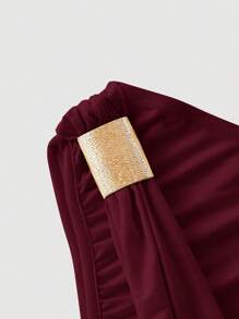 SHEIN MOD Conjunto de camisola elegante con volantes asimétricos y decoración vintage de metal - Burdeos - Ver 7