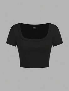 SHEIN EZwear Bộ 4 áo thun ngắn tay cổ tròn dáng lửng màu trơn, đa năng dành cho nữ, thích hợp cho mùa hè. - Nhiều màu - Xem 5