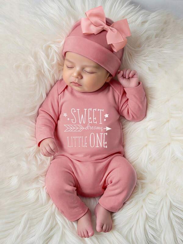 SHEIN Set de 2 piezas de ropa para sesión de fotos de bebé recién nacida niña - Mono con bordado de letras y gorro con moño, estilo princesa lindo, 0-3 meses, suelto y cómodo, adecuado para fiesta de cumpleaños, hogar, vacaciones, todas las estaciones