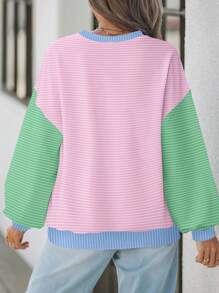 SHEIN EZwear 女士休闲简约拼色条纹圆领短袖宽松T恤，适合秋冬季 - 彩色 - 查看 2