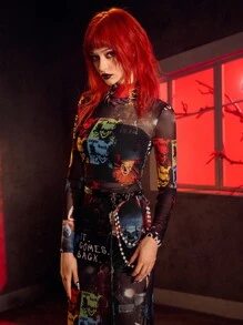 IT x SHEIN 女式字母与图案透视长袖连衣裙 - 黑色 - 查看 7