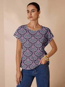 Shutterstock Glamance Women's Casual Simple Round Neck Blouse, Suitable For Summer - Blue - View 1