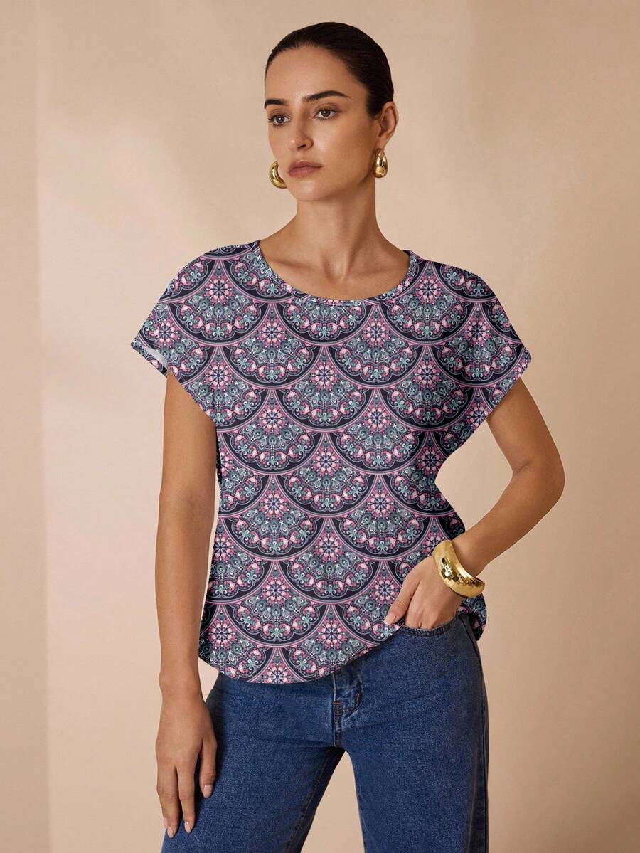 Shutterstock Glamance Women's Casual Simple Round Neck Blouse, Suitable For Summer - Blue - View 1