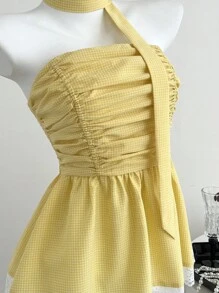 Elamini Lace Trim Hem Tube Top With Plaid Scarf - Yellow - View 6