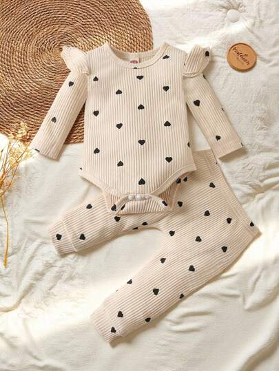 SHEIN Vintaside Kids Body avec volants à imprimé en forme de cœur et pantalon de survêtement pour bébé fille