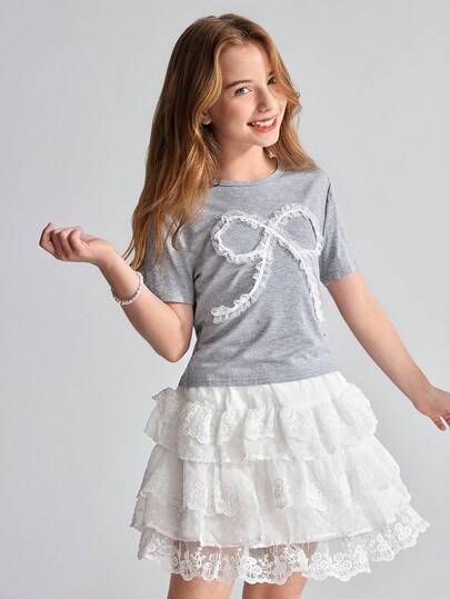 Ontre 青少年女孩圆领蝴蝶结装饰短袖T恤