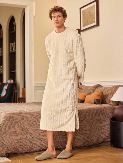 EverLounge Herr Enfärgad Minimalistisk Vardagskläder Rund Hals Långärmad Fuzzy Morgonrock, Herr Sovplagg Morgonrockar, Vinter, Fluffig, Mysig