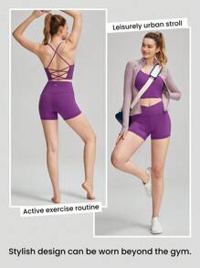 GLOWMODE FeatherFit™運動胸衣＆8英寸短褲套裝，背帶背心式胸衣，高腰側邊口袋車兜短褲，適用於低強度瑜珈日常跑步健身夏季運動 - 紫色 - 查看 8