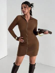 Aidyla Women's Knitted Faux Cashmere Turtleneck Long Sleeve Full Zip Sexy Mini Dress Autumn Brown Zip Up Dress Fall Cloth For Women Streetwear - Brown - View 7