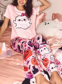 SHEIN INS 可爱南瓜印花万圣节睡衣套装，适合女士，少女甜美 - 彩色 - 查看 4