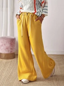 EMERY ROSE Women's Casual Solid Color Wide Leg Drawstring Waist Jeans - Yellow - View 6