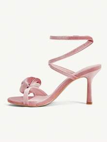 CUCCOO CHICEST 粉色韩版天鹅绒玫瑰花朵绑带时尚优雅派对婚礼正式圆头高跟凉鞋 - 藕粉色 - 查看 9