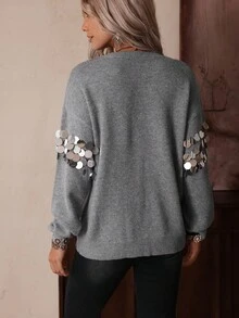 Women's Handmade Sequin Embellished Western Casual Sweater, LanaWest Fall Winter Cloth For Women - Grey - View 2