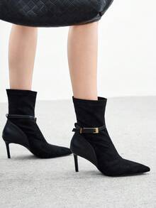CUCCOO BIZCHIC 极简细跟踝靴，金属搭扣设计，优雅拼接高跟踝靴 - 黑色 - 查看 5