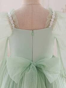 Glamorique Kids Girls' Autumn/Winter Green Satin & Tulle Patchwork Long Sleeve Elegant Party Flower Girl Dress Fall