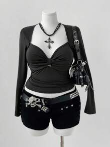 Sunspun Plus Size Women's Casual Elegant Simple Street Sexy Punk Gothic Heart Neck Backless Long Sleeve T-Shirt Fall Cloth For Women Halloween