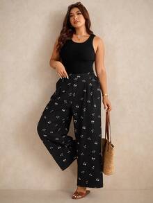 Elaquor 大码女装春夏时尚休闲宽松舒适清凉日常基本百搭黑色小碎花纹理面料松紧腰阔腿裤，女式下装，宽松裤，可爱夏装，欧洲夏季，度假裤，女士机场装，女士休闲装 - 黑色 - 查看 1