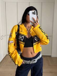 StreetHx 女式街头摩托短款撞色时尚街头字母图案夹克 - 黃色 - 查看 1