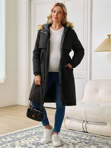 SHEIN Maternity Casual Drawstring Waist Hooded Jacket, Versatile For Winter Winter Clothes Chic - Black - View 3