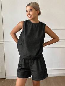 Livesso 女式深水洗蓝色圆领露背无袖宽松牛仔上衣和短裤两件套 - 黑色 - 查看 3