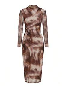 Ellevyn 女式长袖透视腰收紧紧身渐变扎染印花优雅长裙，适合秋冬季日常穿着和聚会 - 彩色 - 查看 3