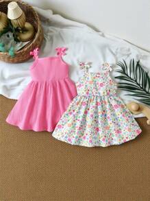 SHEIN Playful Pals 2pcs Baby Girls' Casual Solid Color & Ditsy Floral Strap Dress, Perfect For Spring & Summer - Multicolor - View 3
