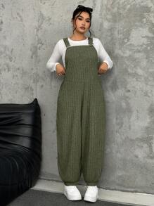 SHEIN EZwear 军绿色加大码弹力羊毛罗纹背带裤，秋冬