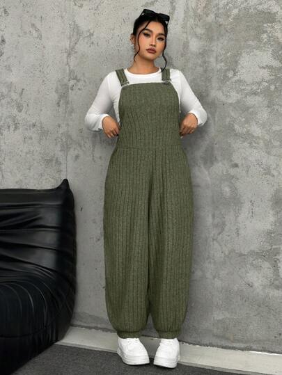 SHEIN EZwear 秋冬大码军绿色弹力羊毛罗纹背带裤