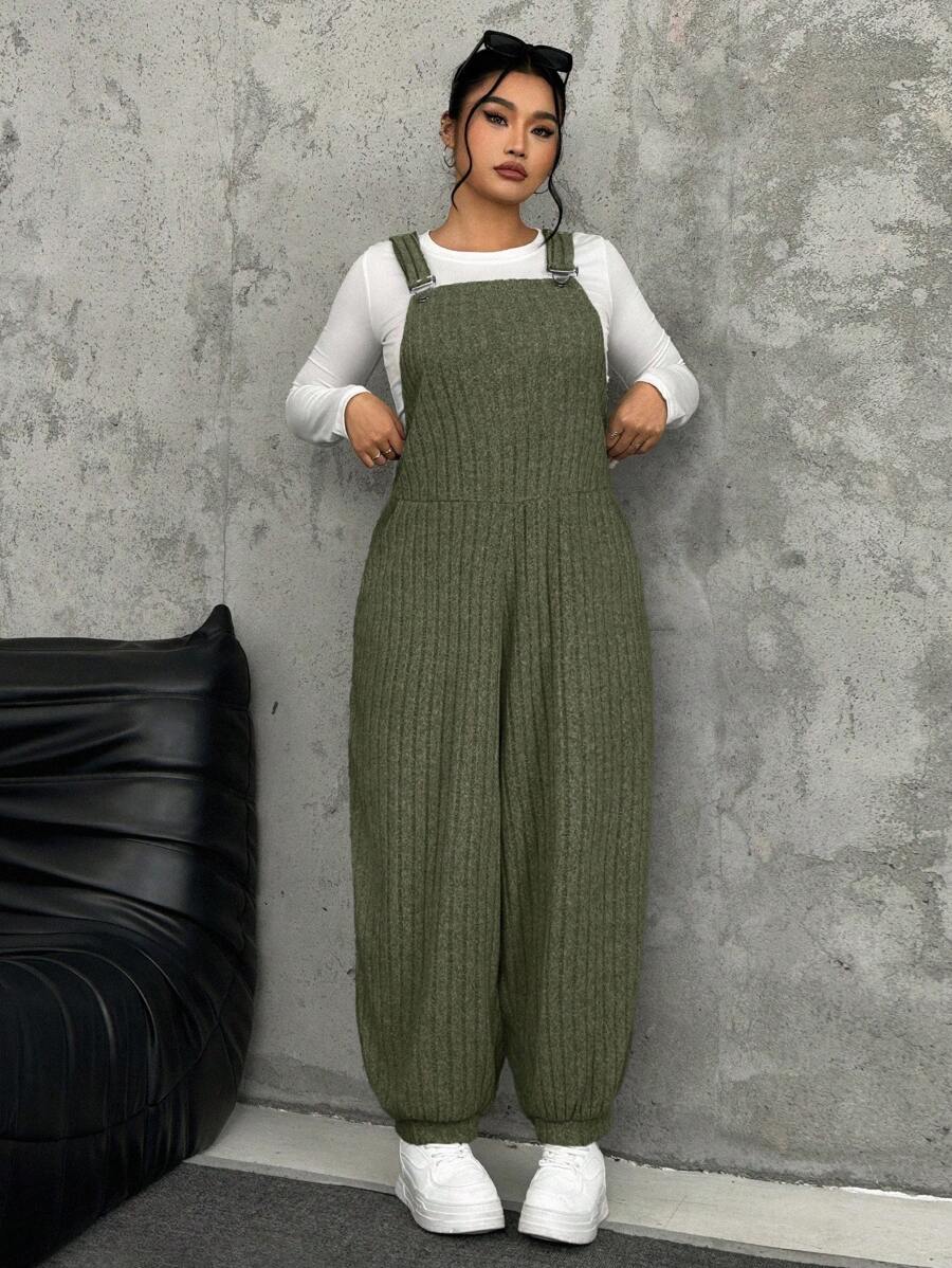 SHEIN EZwear 秋冬大码军绿色弹力羊毛罗纹背带裤 - 軍綠色 - 查看 1