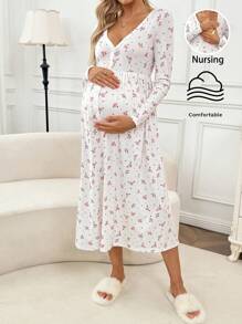 SHEIN Maternity Casual Ditsy Floral Front Button Dress,Pajama,Pajama Dress,Loungewear,Sleepwear - White - View 3