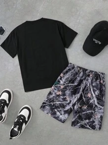 PAVTROS 2 件套 Tween Boy 套装：字母和老鹰印花圆领宽松 T 恤和短裤 - 彩色 - 查看 2